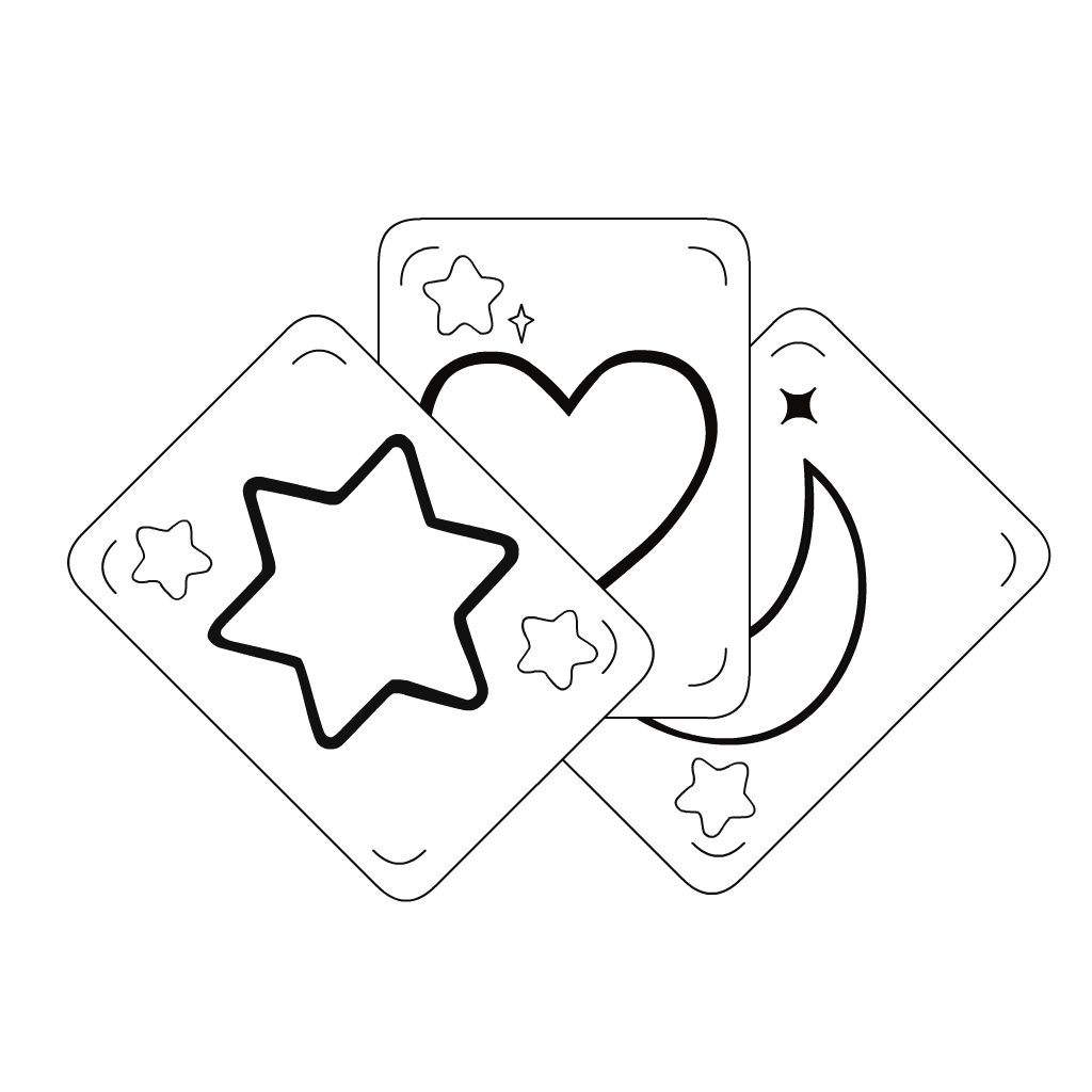 Black and white illustration of 3 tarot cards with star, heart, and moon. inspiredtarotpractice.com -